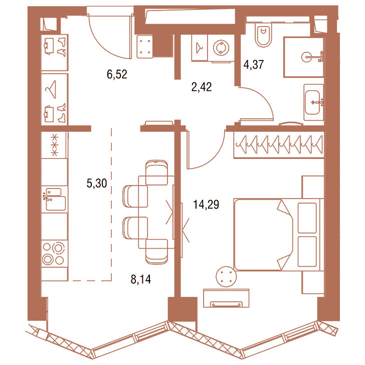 1-комнатная квартира 41.04 кв.м. в Савёловском