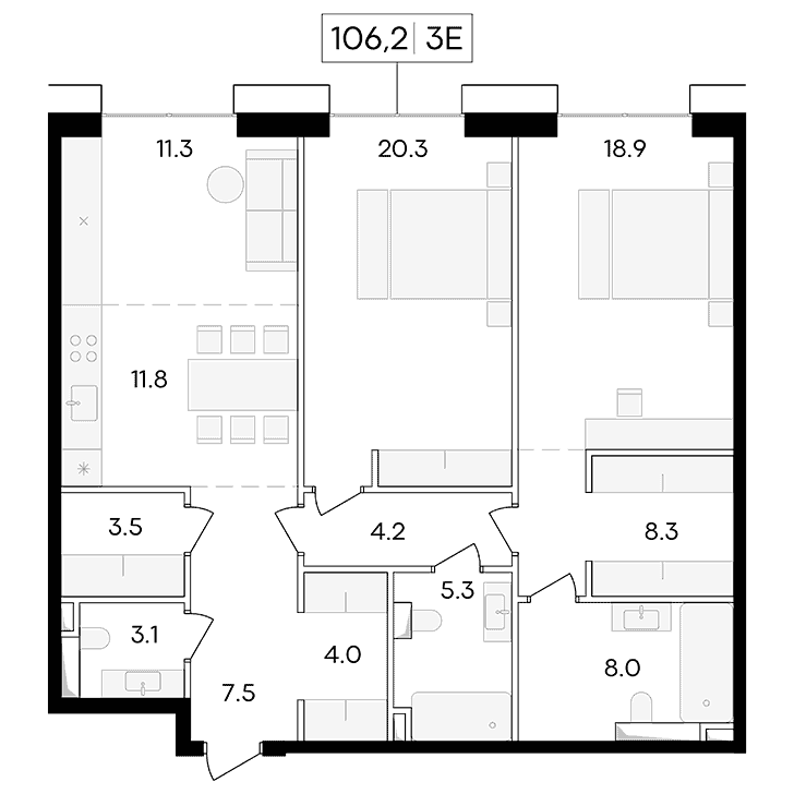 3-комнатная квартира 106.20 кв.м. в Пресненском
