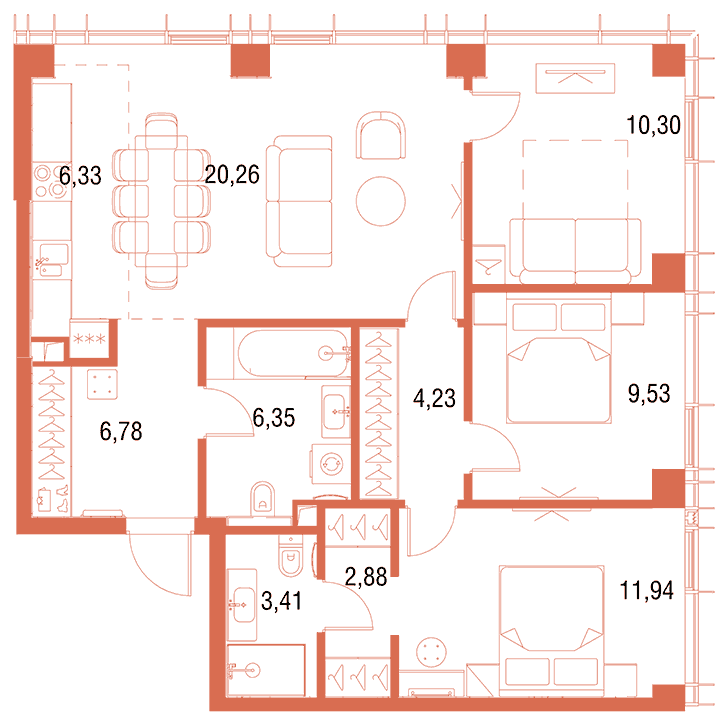 3-комнатная квартира 82.01 кв.м. в Савёловском