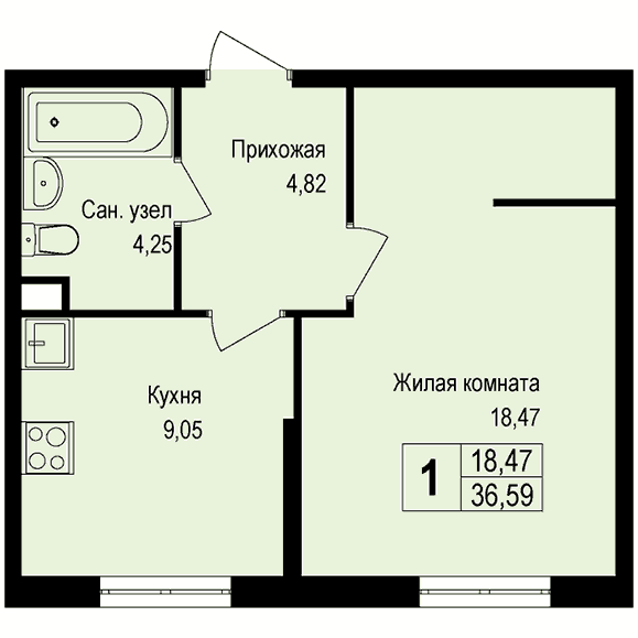 1-комнатная квартира 36.50 кв.м. в Борисовке