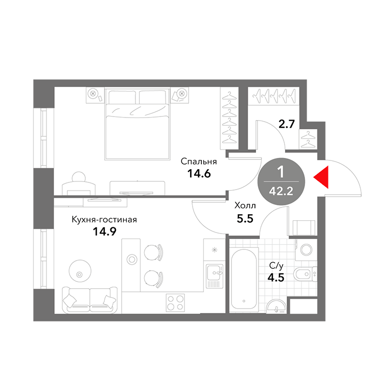 1-комнатная квартира 42.20 кв.м. в Замоскворечье