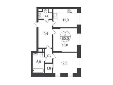 2-комнатная квартира 59.80 кв.м. в Московском