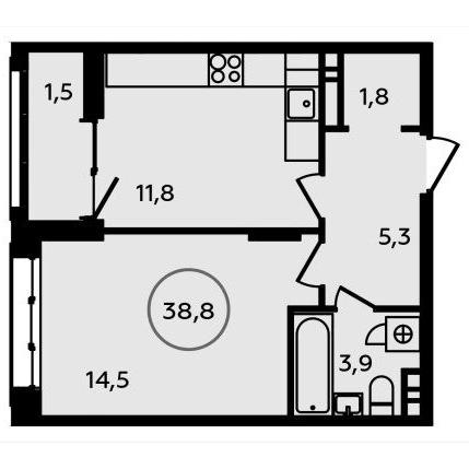 1-комнатная квартира 38.80 кв.м. в Сосенском