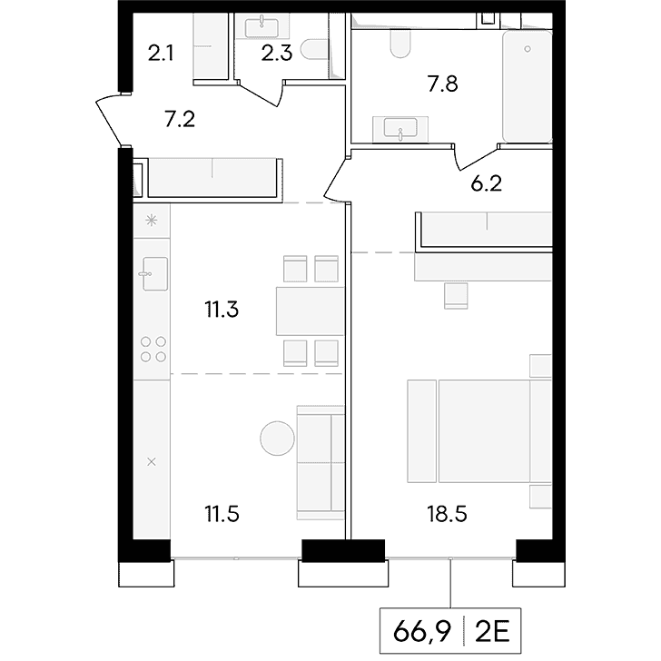 2-комнатная квартира 66.90 кв.м. в Пресненском