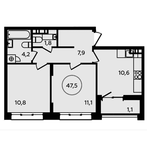 2-комнатная квартира 47.50 кв.м. в Сосенском