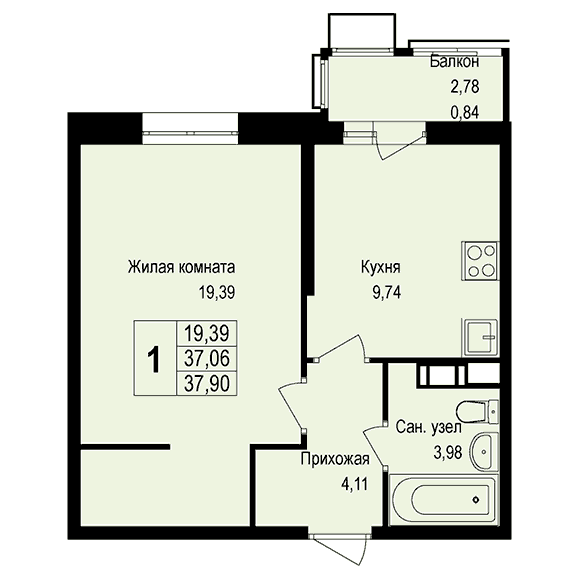 1-комнатная квартира 38.20 кв.м. в Борисовке