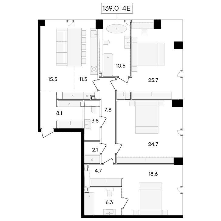 4-комнатная квартира 139.00 кв.м. в Пресненском