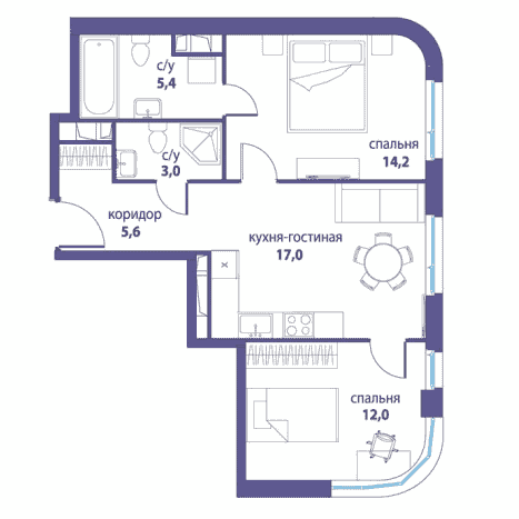 2-комнатная квартира 57.20 кв.м. в Лефортово