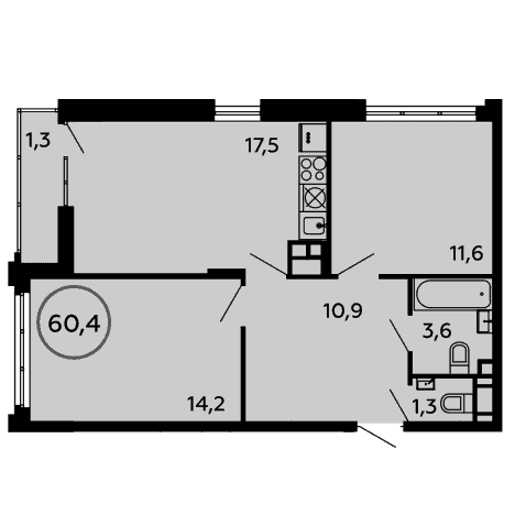 2-комнатная квартира 60.90 кв.м. в Сосенском