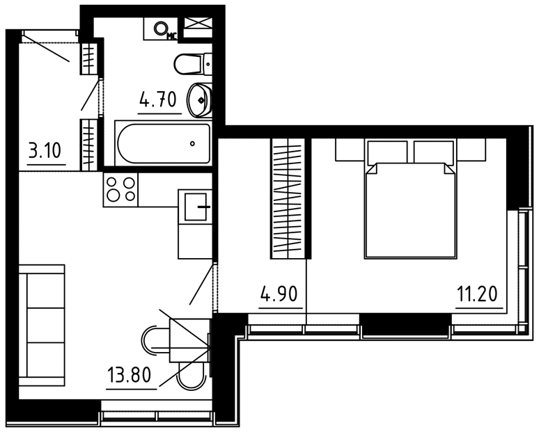 1-комнатная квартира 38.20 кв.м. в Десеновском