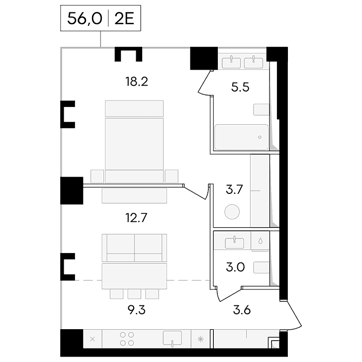 2-комнатная квартира 56.00 кв.м. в Пресненском