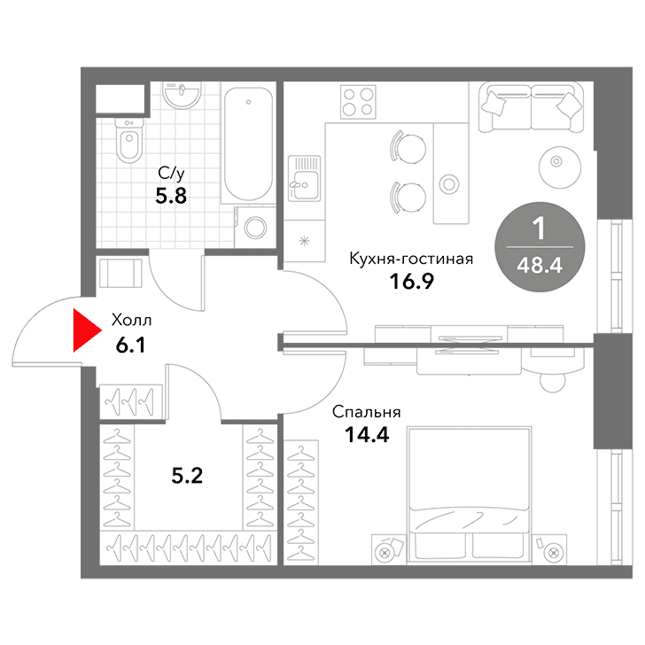 1-комнатная квартира 48.40 кв.м. в Замоскворечье