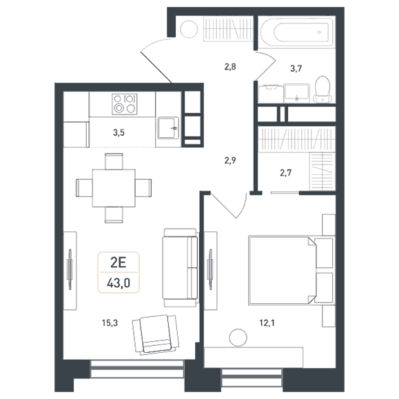 2-комнатная квартира 43.00 кв.м. в Борисовке