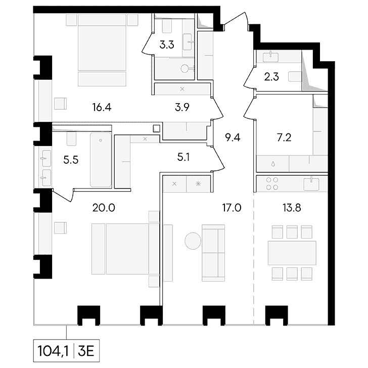 3-комнатная квартира 104.10 кв.м. в Пресненском