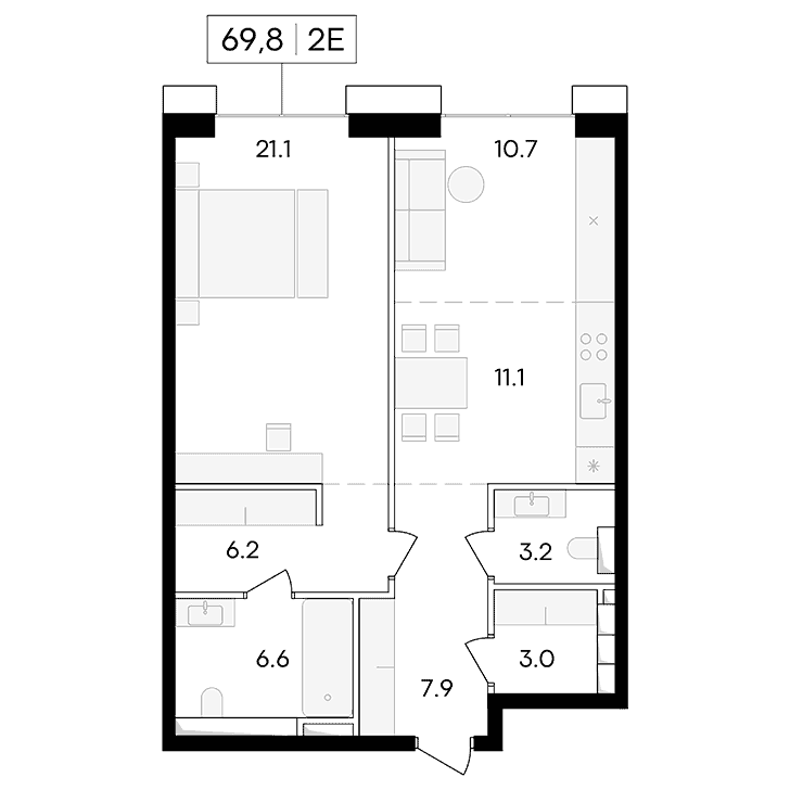 2-комнатная квартира 69.80 кв.м. в Пресненском