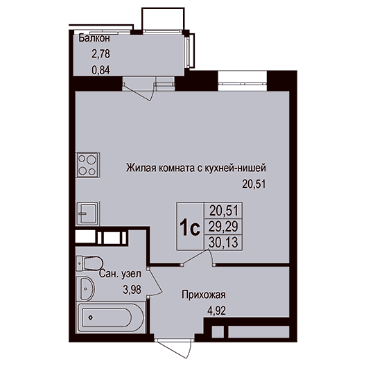 1-комнатная студия 30.40 кв.м. в Борисовке