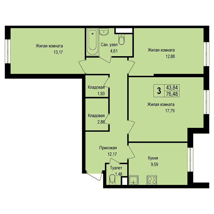 3-комнатная квартира 76.60 кв.м. в Борисовке