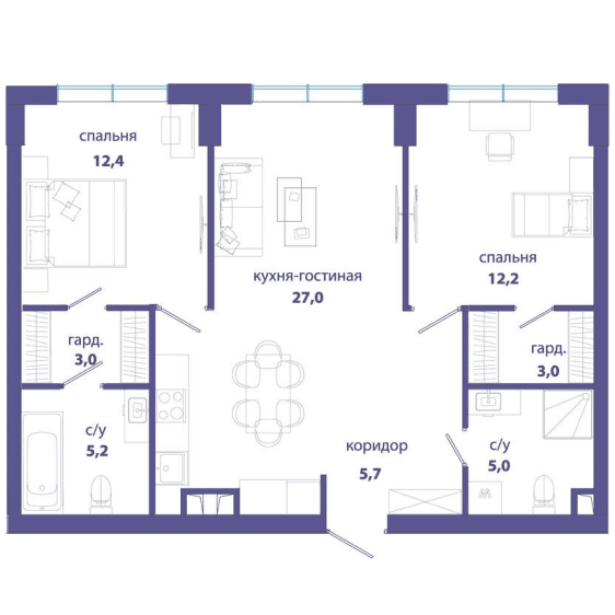 2-комнатная квартира 73.50 кв.м. в Раменках