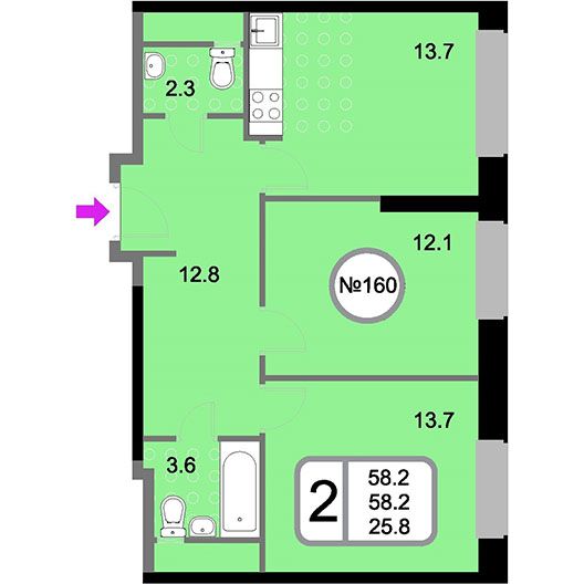 2-комнатная квартира 58.20 кв.м. в Хорошево-Мневниках