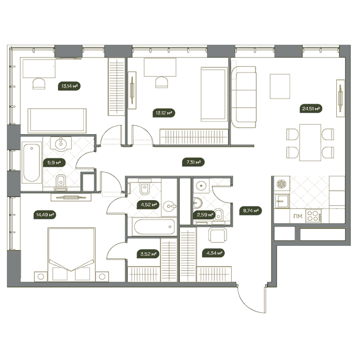 3-комнатная квартира 102.10 кв.м. в Раменках