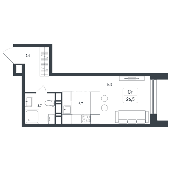 1-комнатная студия 26.50 кв.м. в Борисовке