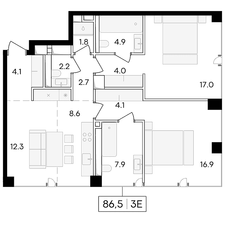 3-комнатная квартира 86.50 кв.м. в Пресненском