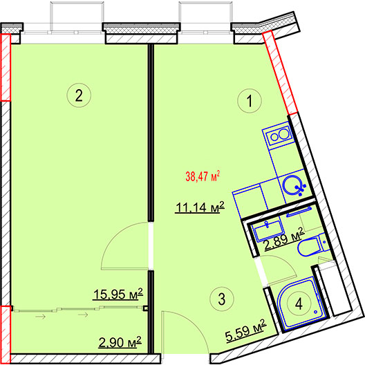1-комнатная квартира 38.47 кв.м. в Алексеевском
