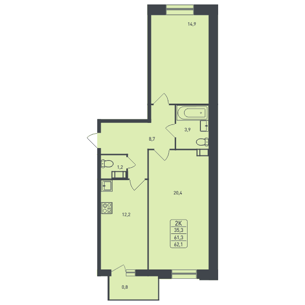 2-комнатная квартира 62.10 кв.м. в Борисовке