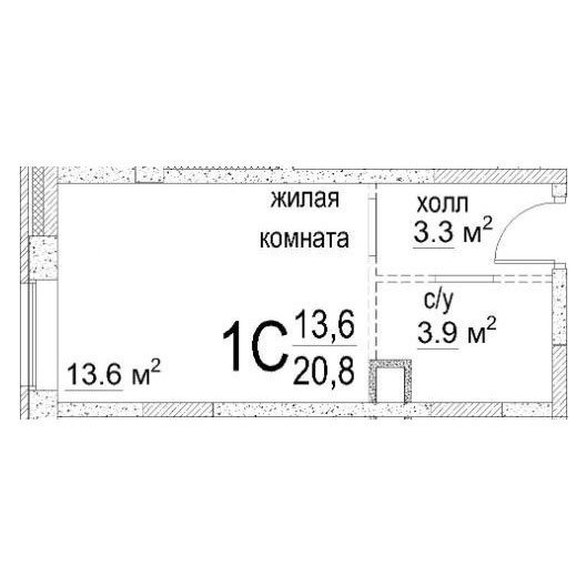 1-комнатная студия 20.8 кв.м. в Звенигороде